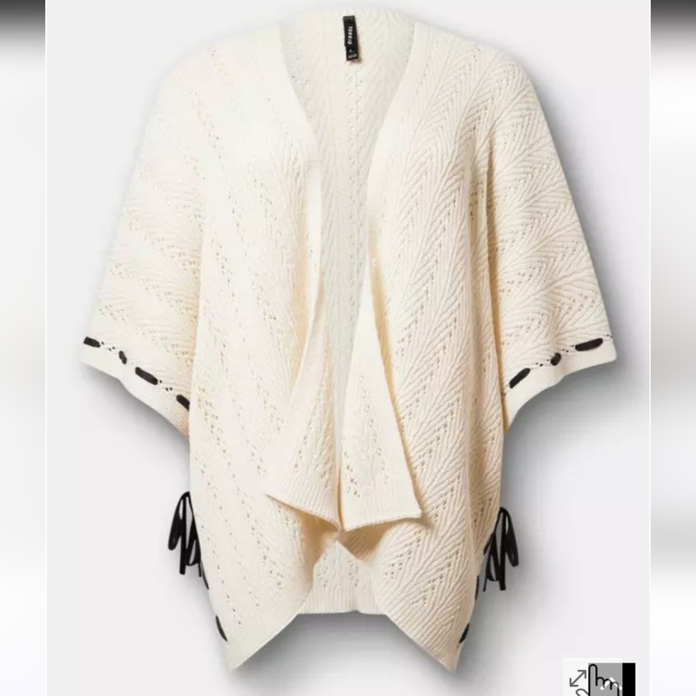 NWOT Torrid Cream Open-Knit Poncho with Black Contrast Trim - Picture 2 of 4